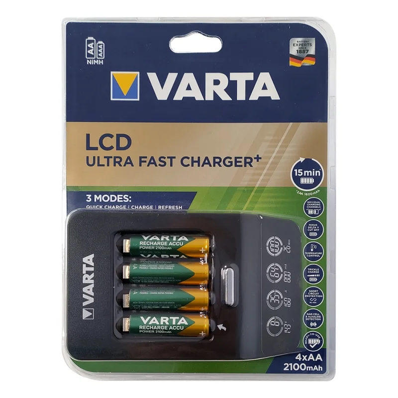 Varta LCD ultra-fast charger for AA, AAA Ni-Mh rechargeable batteries with 4 AA 2100mah batteries